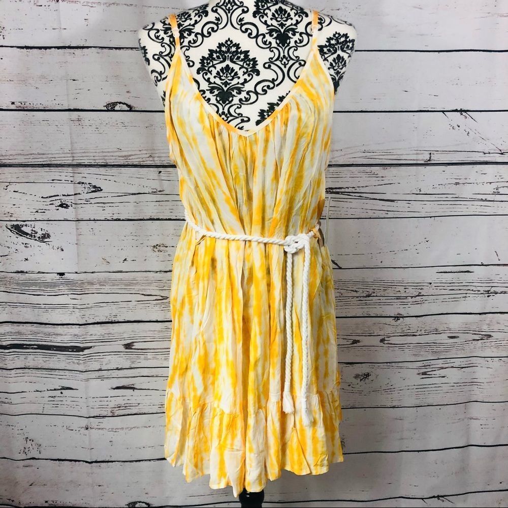 Michael Kors Rope Belted Cover Up Dress Deep V Tie Dye Daydream Yellow White XS